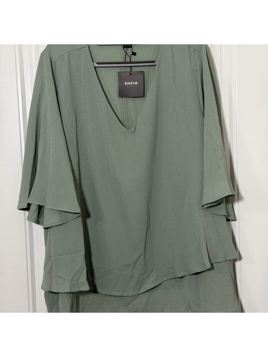 SHEIN Tops - SHEIN Sage Green V-Neck Tiered Sleeve Blouse